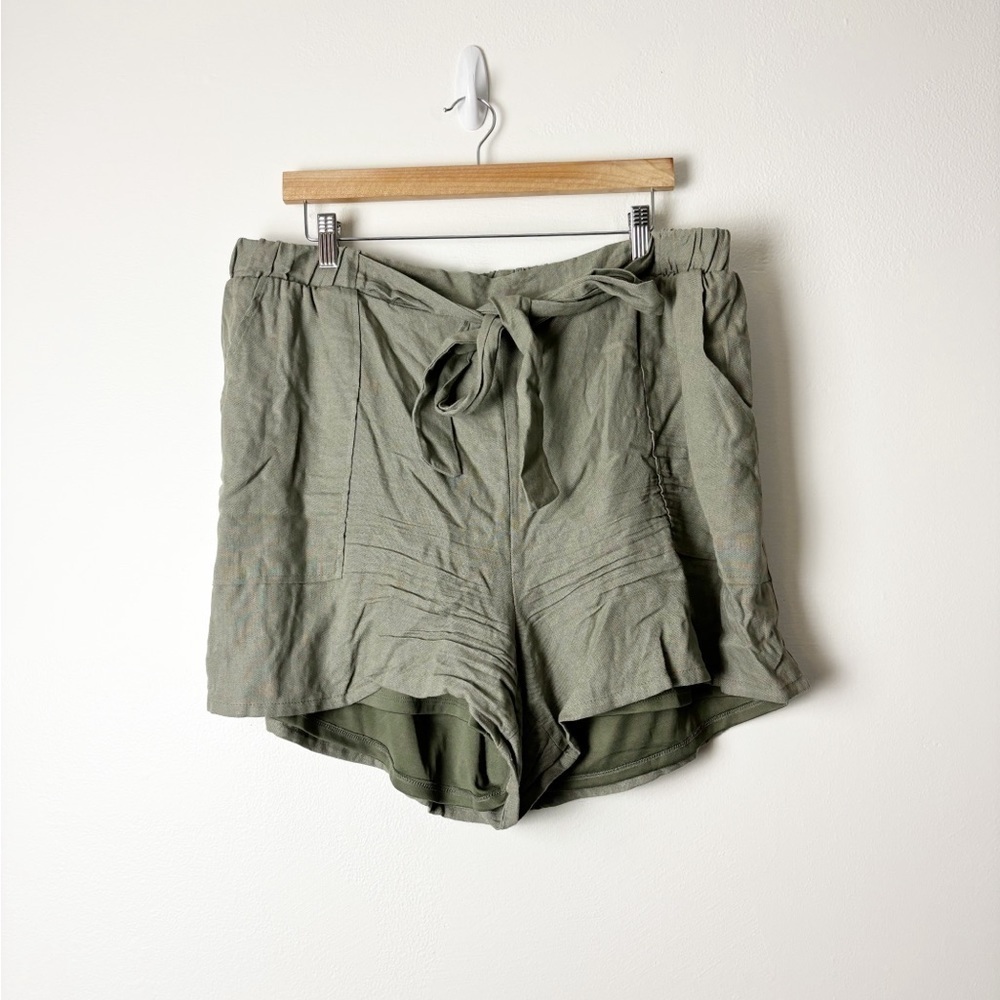 GILI • Women’s Olive Green Linen Blend Waisted Tie Casual Shorts Size 3X